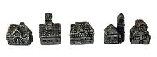 Vintage Set of 5 Miniature Pewter Village Building Figurines Church Barn picture