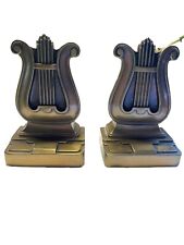 VINTAGE BRASS PLATED METAL LYRE HARP BOOKENDS picture