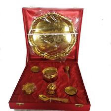 Indian Gold Plated Brass Pooja Thali Set 7 Pcs Box Packing Home Decorative Thali picture