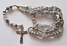 VINTAGE AUTHENTIC ARTIFICIAL GEMS BEADS CATHOLIC ROSARY WHITE METAL CRUCIFIX picture