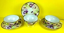 Floral Purple Teacup & Saucer Set Hand Painted Japan Set of 3 picture