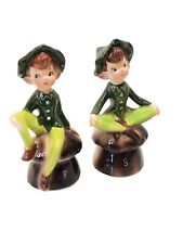 Vintage 1950's Enesco Pixie Elves Sitting on Mushrooms Salt and Pepper Shakers picture
