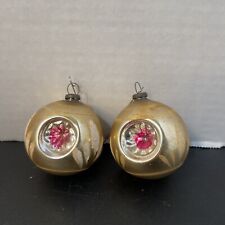 Pair Of Vintage Blown Glass Triple Indent Christmas Ornaments Hot Pink Gold picture