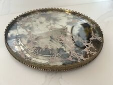 VINTAGE MIRRORED PINK AND SMOKED GRAY MARBLIZED GOLD TONE FILIGREE ROTATING TRAY picture
