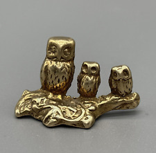 Vintage Miniature Owl Figurine Solid Brass Ornament ~ 3 Owls on a Branch 1x1.5