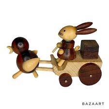 Vintage Easter Goula Spain Wooden Rabbit Bunny Cart Pulled Chick Toy 1976 3” picture