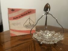 Vintage Sheffield Glass Jam Or Relish Set With Footed Chrome Stand And Spoon  picture
