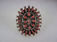 VINTAGE ZUNI STERLING SILVER & RED CORAL NEEDLEPOINT CLUSTER RING size 6 picture