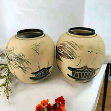 Japanese Bisque Pottery Pair of Vase Hand Painted Asian Scene 5