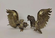 Vintage Pair Of Brass Fighting Cocks Roosters Mid Century Figurines Statues picture