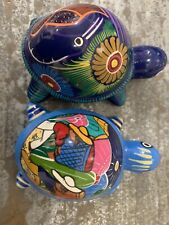 Set 2 Talavera Mexican Folk Art Terracotta Hand Painted Turtle Trinket Box w/Lid picture