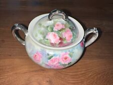 MZ Austria Covered Sugar Bowl with Hand Pink Painted Flowers Silver Signed picture