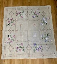 Vintage Elaborate Satin Stitch Colorful Hand Embroidery Linen Tablecloth 55