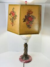 Vintage Mid Century Modern Brass, Milk Glass, Marble Base Lamp Lithograph Shade picture