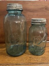 2 Antique 1910-1923 Blue Ball Perfect Mason Jars 2 Qt and 1 Qt With Zinc/MG Lids picture