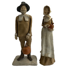 Pilgrim Couple Figurines Thanksgiving Decor Resin Carved Primitve Style 13