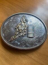 Large Barrel Racing Rodeo Cowboy Montana Silversmiths Belt Buckle picture