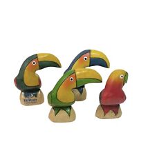 Lot Of 4 Carved Wooden Toucan Hilton Hotel Exotic Birds Decor Wood Tiki Figurine picture