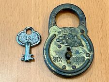 Antique William Wm Enders Oak Leaf Six Lever Metal Padlock Lock USA w/ Key picture