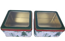 Pair of Christmas Tree Holiday 6x6x3 Tin Metal Storage Containers w/ Clear Lid picture