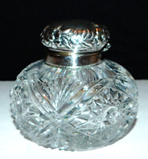 Vintage Antique Hobstar Cut Glass Inkwell ? with Silver Plated Lid picture
