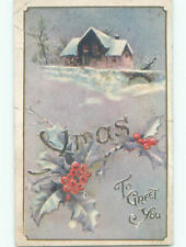 Pre-Linen christmas THE WORD XMAS IN HOLLY BRANCH : make an offer k1136 picture