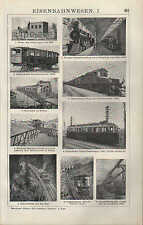 Lithograph 1910: RAILWAYS. I/II. Railway locomotive locomotive station  picture