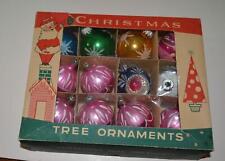 12 Vintage glass stenciled Christmas Indent Tree Ornaments IN BOX CIRCA 1940-50s picture