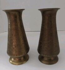 Pair Vases Solid Brass Floral Etched Signed  JD India Vintage Metal Antique picture