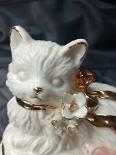 Vintage Lefton White Gold Porcelain  Cat Music Box Memory Tune WORKS picture
