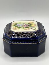 Vintage Trinket Box Cobalt Blue Porcelain Handpainted Floral And Gold TrimJapan picture