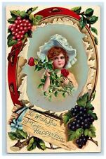 c1910's Pretty Girl With Red Berries Roses Embossed Unposted Antique Postcard picture