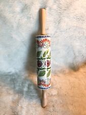 Anthropologie Retired Floral Ceramic Rolling Pin Green Orange Wooden Handles  D picture