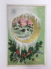 c. 1910 Merry Christmas Postcard Holly Cottage People Snow Star Embossed picture