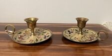 Pair Brass Enameled Chamber Stick Ornate Candle Holder w/Finger Loop Drip Tray picture
