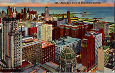 Vintage C. 1940's Birds Eye View Downtown Chicago Sunset Roof Tops IL Postcard picture