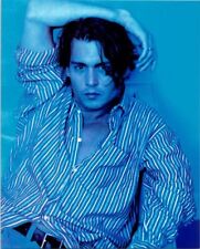 Johnny Depp 1990's era in blue striped shirt publicity pose 8x10 inch photo picture