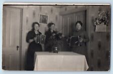 Women Postcard RPPC Photo Musicians Accordion Violin House Interior c1910's picture