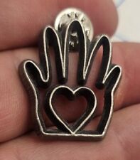 VTG Lapel Pinback Hat Pin Pewter Gray Hand Heart Palm Ann Clark 1995 picture