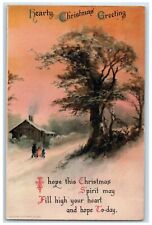 1924 Christmas Greetings Family House Chimney In Winter Trees Wolf Postcard picture