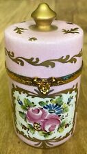 Limoges Porcelain Trinket Box Pink Hand Painted Roses Cylindrical Brass Hinge 5