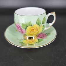 Crownford Teacup & Saucer England Fine Bone China Pink Yellow Roses on Green VTG picture