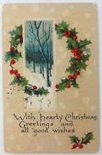 Vintage Christmas Greetings Postcard Holly Wreath Winter Woods 1918 picture