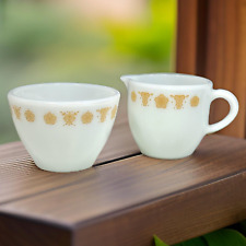 Vintage Pyrex Corning Butterfly Gold Milk Glass Creamer and Open Sugar Set of 2 picture