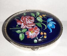 Vintage Antique Oval Shaped Trinket / Pill Box, Dark Blue with Flower Design picture