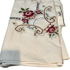 VINTAGE POLY/COTTON OVAL TABLECLOTH 65” x 84”  EMBROIDERED CROSS STITCH NEW picture