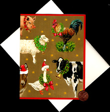 HTF CASPARI Rooster Pig Cow Lamb Goose Donkey GOLD SHINE Christmas Greeting Card picture