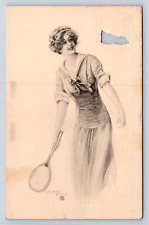 Vintage Postcard Woman with Tennis Racket Black and White Drawing picture
