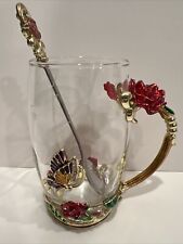 ARC Clear Glass Coffee Cup & Spoon Jeweled Enameled Floral Butterfly picture