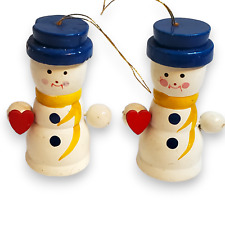 VTG Wooden Snowman Ornaments Handpainted Set of Two Heart Blue Hat 3in picture